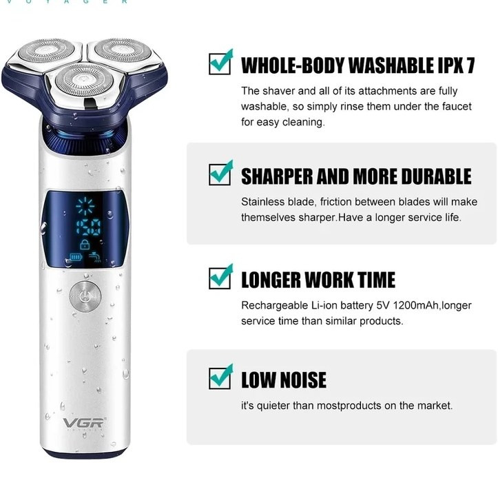 ماشین اصلاح وی جی آر مدل V-328 سه تیغ ضد آب با برش چرخشی